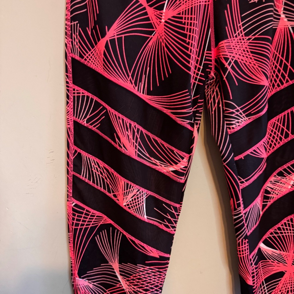 Women Geometric Mesh Panel Actve Workout Athletic Leggings Neon Pink Black L/XL - Picture 3 of 5